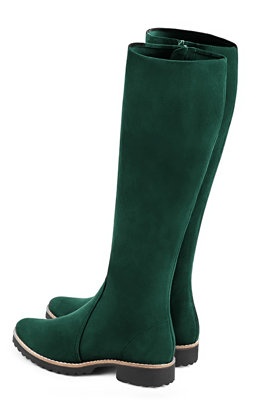 Forest green women's riding knee-high boots. Round toe. Flat rubber soles. Made to measure. Rear view - Florence KOOIJMAN